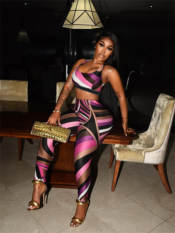 Sexy Color-Block Placement Print Top Vest and Trousers Set RS-9739