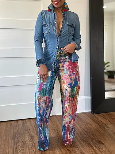 Casual Painted Straight-Leg Jeans OLY-6187
