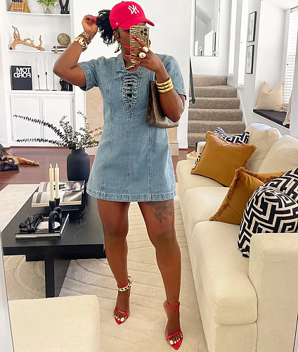 Fashionable Tie-Waist Short-Sleeve Denim Dress RS-50401