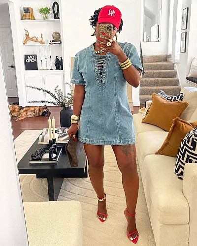 Fashionable Tie-Waist Short-Sleeve Denim Dress RS-50401