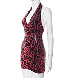 Sexy Sleeveless Halter Neck Leopard Print Sequined Deep V-Neck Backpack Hip-Exposing Dress RS-25DS047