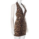 Sexy Sleeveless Halter Neck Leopard Print Sequined Deep V-Neck Backpack Hip-Exposing Dress RS-25DS047