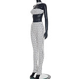 Sexy Polka Dot Print Halter Neck Backless Tank Top and Tight-Fitting Pants Two-Piece Set RS-25ST573