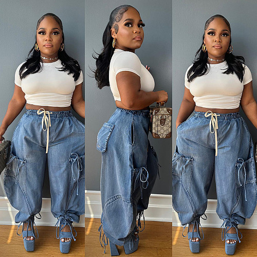 Casual Ruffled Tie-Waist Elastic Waist Harem Jeans RS-40911