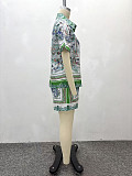 Casual Collared Printed Short-Sleeve Cardigan Shirt and Shorts Two-Piece Set QZ-6851