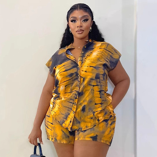 Casual Short-Sleeve Collared Printed Shirt and Shorts Two-Piece Set QZ-6586