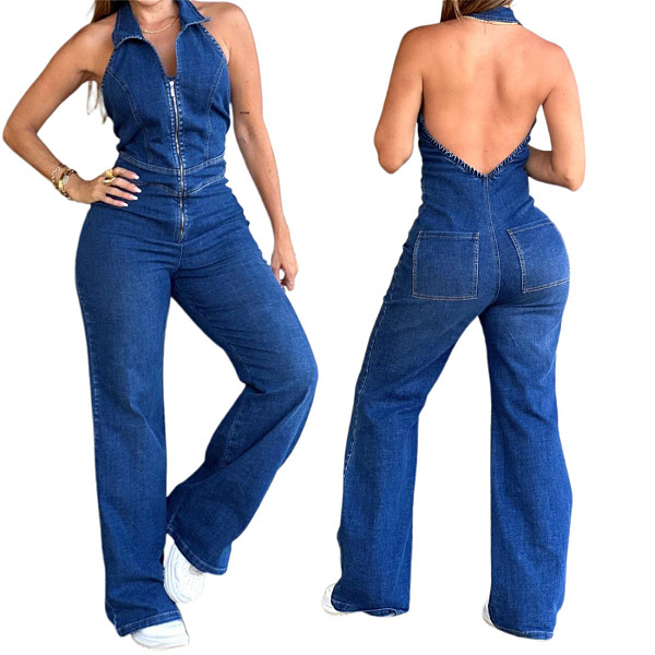 New Fashionable Slim Fit Sleeveless Backless Denim Jumpsuit JLX-6065