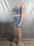 Sexy Strapless Denim Top With Slit Mini Skirt Denim Set RS-50301