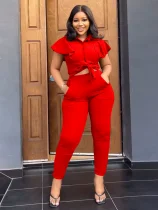 Fashionable Collared Ruffled Short-Sleeve Top With Tie Waist and Elastic Waist Two-Piece Set RS-1375
