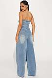 Sexy Strapless Off-Shoulder Slim Fit Straight Wide Leg Denim Jumpsuit JLX-6999