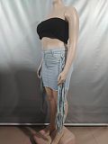 Trendy Hot Girl Washed Ripped Fringed Midi Skirt RS-50509