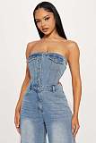 Sexy Strapless Off-Shoulder Slim Fit Straight Wide Leg Denim Jumpsuit JLX-6999