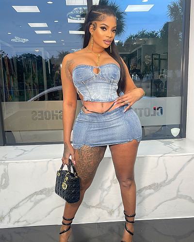 Sexy Strapless Denim Top With Slit Mini Skirt Denim Set RS-50301