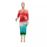 Tie Dye Print Off Shoulder Ruched Maxi Dresses ZAND-31283
