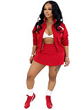 Casual Color Block Stand Zipper Collar Long-Sleeve Jacket Drawstring Pleated Skirt Two-Piece Set RS-26012