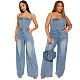 Sexy Strapless Off-Shoulder Slim Fit Straight Wide Leg Denim Jumpsuit JLX-6999