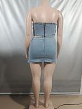 Sexy Strapless Denim Top With Slit Mini Skirt Denim Set RS-50301