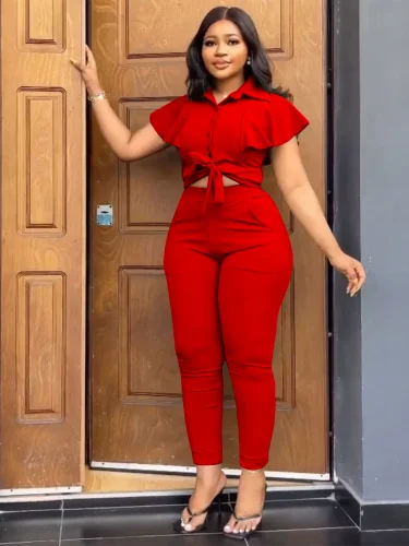 Fashionable Collared Ruffled Short-Sleeve Top With Tie Waist and Elastic Waist Two-Piece Set RS-1375