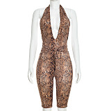 Spicy Girl Python Print Deep V-neck Tie-on One-piece Backless Knee Length Pants RS-D26RP009