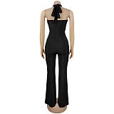 Fashionable Solid Color Elegant Halter Neck Wide Leg Jumpsuit