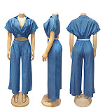 Casual Summer Collared Short Top and High-Waisted Wide-Leg Pants Set PMR-TW716