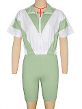 2026 Casual Color-Blocked Sporty Short Zipper Top + Shorts Two-Piece Set RS-391401