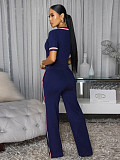 Fashionable Two-Piece Set With Ribbed Color Blocking Short-Sleeve and Loose Fit Trousers PMR-TW825