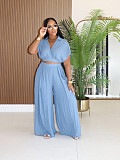Casual Summer Collared Short Top and High-Waisted Wide-Leg Pants Set PMR-TW716