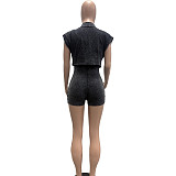 Fashionable Acid-Washed Distressed Cardigan Jumpsuit Shorts Two-Piece Set TK-6337