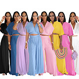 Casual Summer Collared Short Top and High-Waisted Wide-Leg Pants Set PMR-TW716
