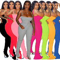 Fashionable Pleated Slit Flare Suspender Jumpsuit RS-8106