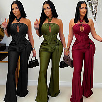 Fashionable Solid Color Elegant Halter Neck Wide Leg Jumpsuit