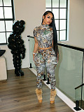 2026 Fashionable Printed High-Neck Short-Sleeve Crop Top and Tight-Fitting Pants Two-Piece Set PMR-TW830