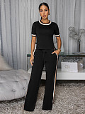 Fashionable Two-Piece Set With Ribbed Color Blocking Short-Sleeve and Loose Fit Trousers PMR-TW825