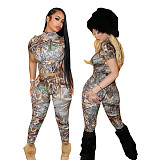 2026 Fashionable Printed High-Neck Short-Sleeve Crop Top and Tight-Fitting Pants Two-Piece Set PMR-TW830