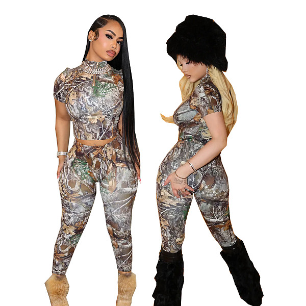 2026 Fashionable Printed High-Neck Short-Sleeve Crop Top and Tight-Fitting Pants Two-Piece Set PMR-TW830
