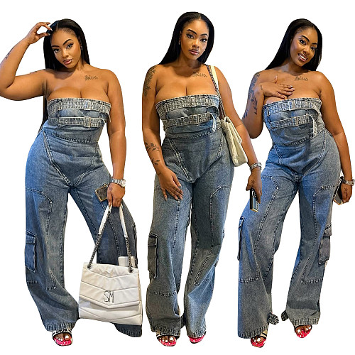 Trendy Street Hip Hop Style High-Waisted Denim Jumpsuit TR-1333