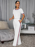 Fashionable Two-Piece Set With Ribbed Color Blocking Short-Sleeve and Loose Fit Trousers PMR-TW825