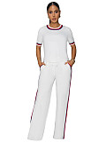 Fashionable Two-Piece Set With Ribbed Color Blocking Short-Sleeve and Loose Fit Trousers PMR-TW825