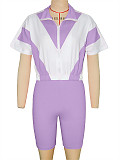 2026 Casual Color-Blocked Sporty Short Zipper Top + Shorts Two-Piece Set RS-391401