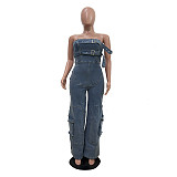 Trendy Street Hip Hop Style High-Waisted Denim Jumpsuit TR-1333