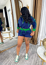 2026 Casual Half-Zip Drop Shoulder Sleeve Belt Long-Sleeve Top and Shorts Set RS-4745