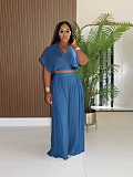 Casual Summer Collared Short Top and High-Waisted Wide-Leg Pants Set PMR-TW716