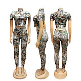 2026 Fashionable Printed High-Neck Short-Sleeve Crop Top and Tight-Fitting Pants Two-Piece Set PMR-TW830