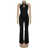Fashionable Solid Color Elegant Halter Neck Wide Leg Jumpsuit