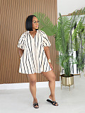 Fashionable and Elegant V-neck Puff Sleeve Striped Pocket Loose Short Dress PMR-TW840