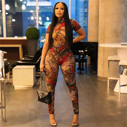 Sexy Fashion Patterned Sheer Netting Back Zipper Jumpsuit SHD-9707