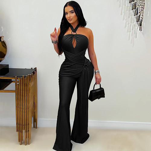 Fashionable Solid Color Elegant Halter Neck Wide Leg Jumpsuit