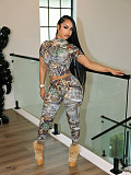 2026 Fashionable Printed High-Neck Short-Sleeve Crop Top and Tight-Fitting Pants Two-Piece Set PMR-TW830