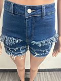 Fashionable Slim Fit Frayed Tassel Short-Sleeve Denim Two-Piece Set YUNM-59015